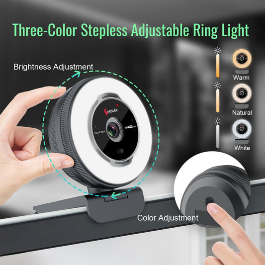 Angetube 60FPS 1080P webcam with ring light - PC camera with 5X digital zoom and remote control, built-in dual noise-canceling microphones and privacy cover, for PC, computer, laptop, Mac, desktop.