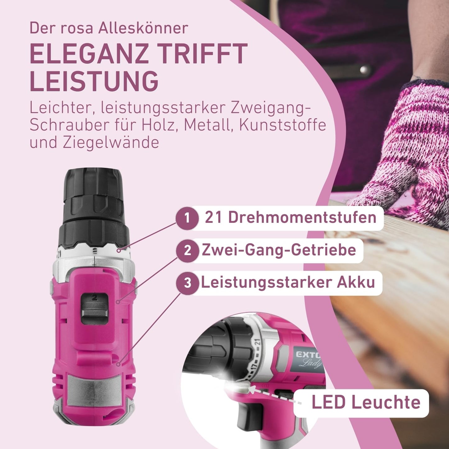 Praise Lady cordless drill for women I 12 Volt cordless screwdriver for women I Drill for wood, metal & plastic I Cordless drill with 12-piece bit & drill set + bag I Tool set Pink