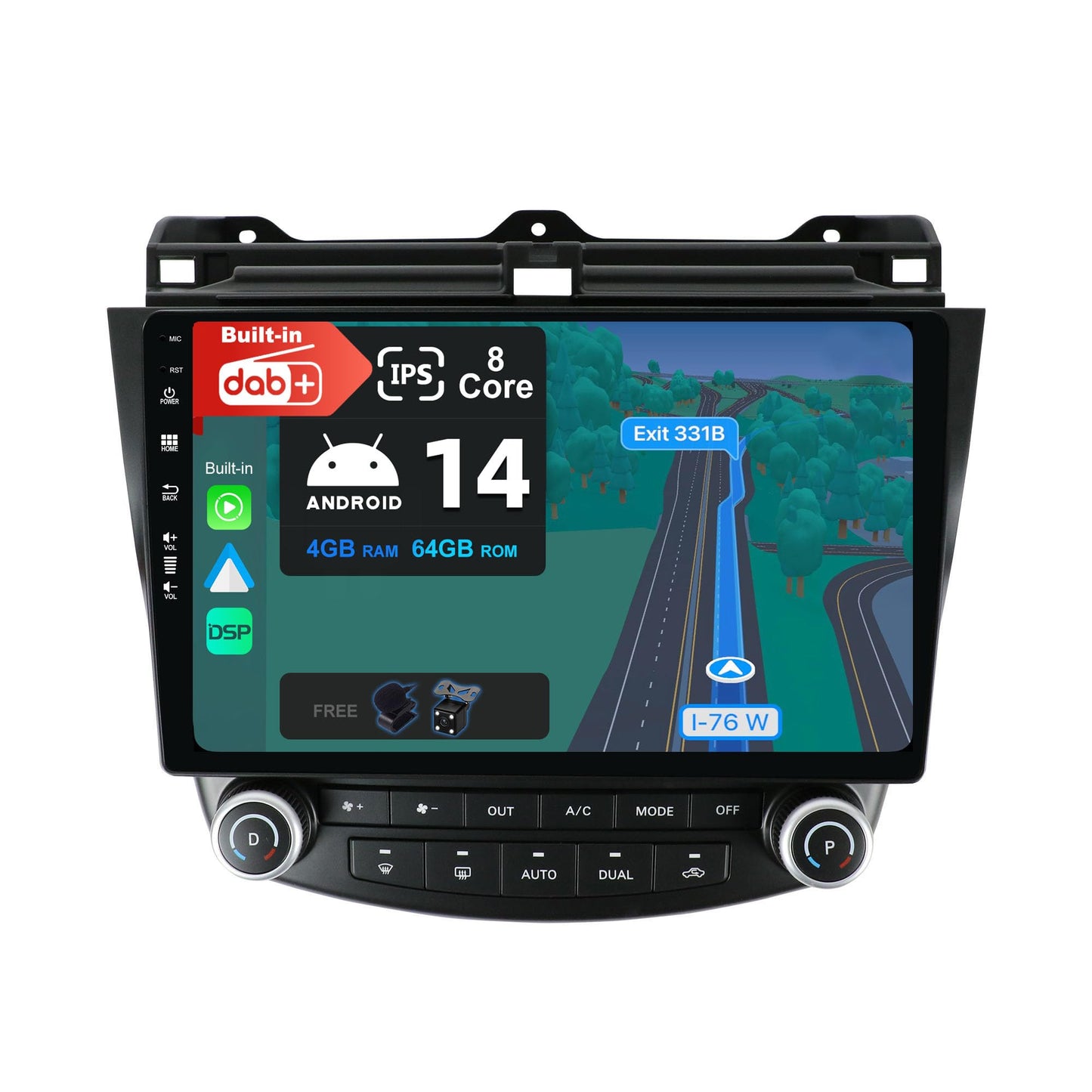 JOYX Android 13 car radio fits Honda Accord 7th (2002-2007) - Built-in DAB/DSP/Carplay/Android Auto - 4G+64G - Free camera MIC - 10.1 inch 2 Din - Steering wheel control WiFi Fast-boot 360 camera