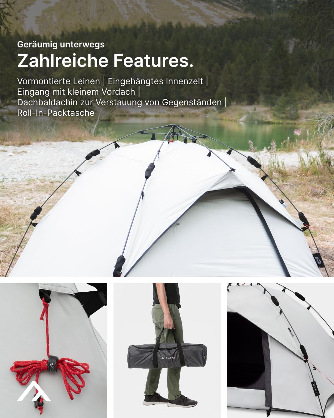 qeedo Quick Ash Dark Series seconds tent completely darkened inside, waterproof, light & robust - camping tent for 2 people, dome tent with small awning, mosquito net & quick setup system