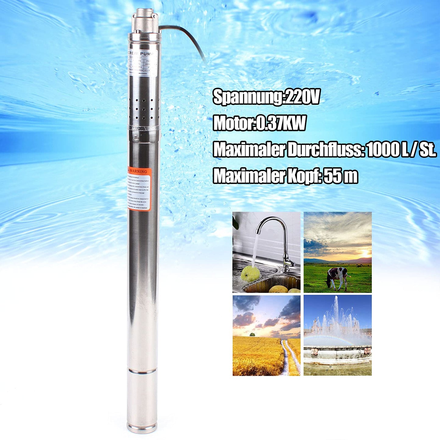 2" Deep Well Pump Submersible Pump 370w Well Pump Pipe Pump Garden Pump Sand Resistant 55m 1000 L/h
