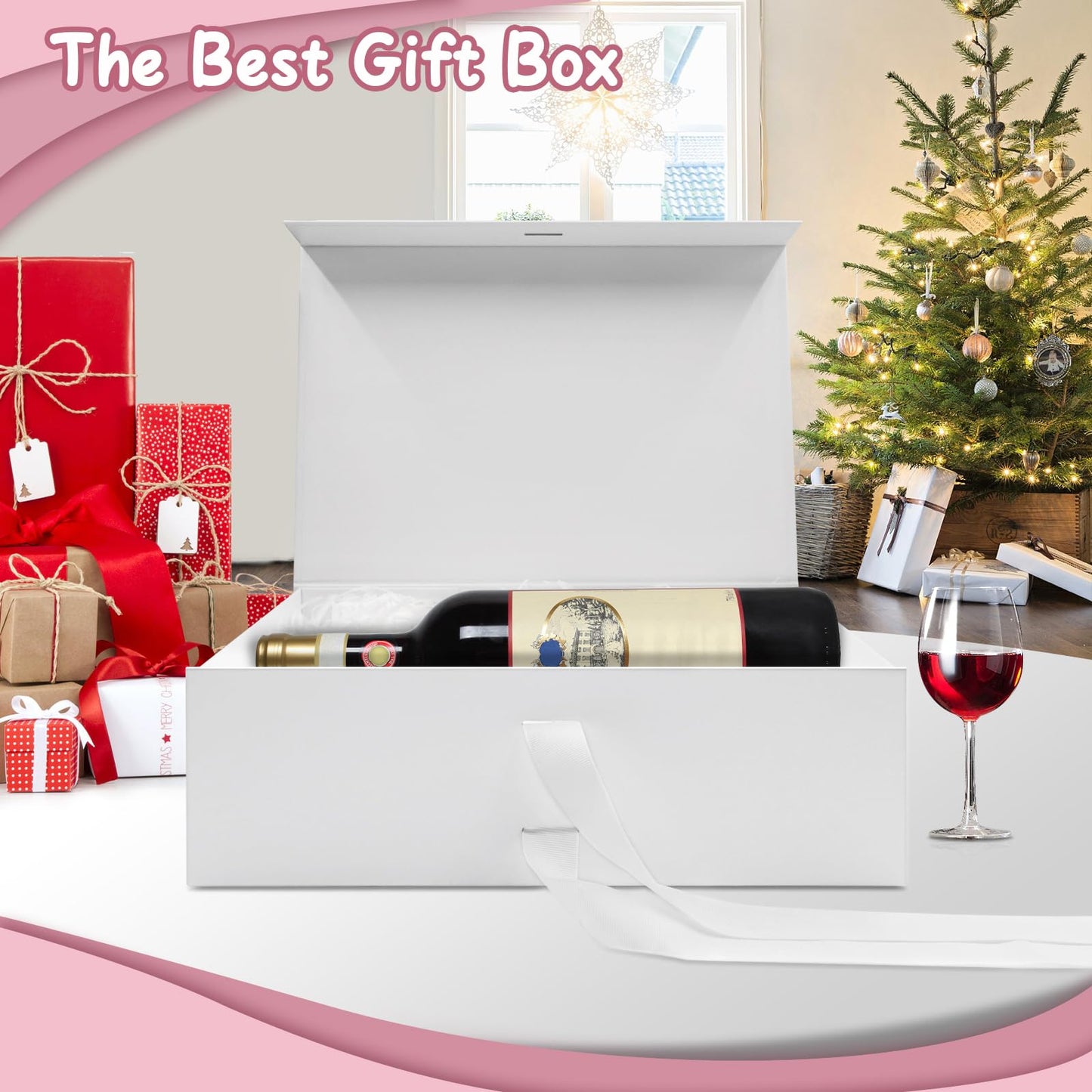 Sekepingo White Luxury Large Magnetic Gift Box, 32.5*23*10.5cm Gift Box with Ribbon, Paper & Greeting Card Party Favor Box for Wedding, Birthday & Mother's Day.