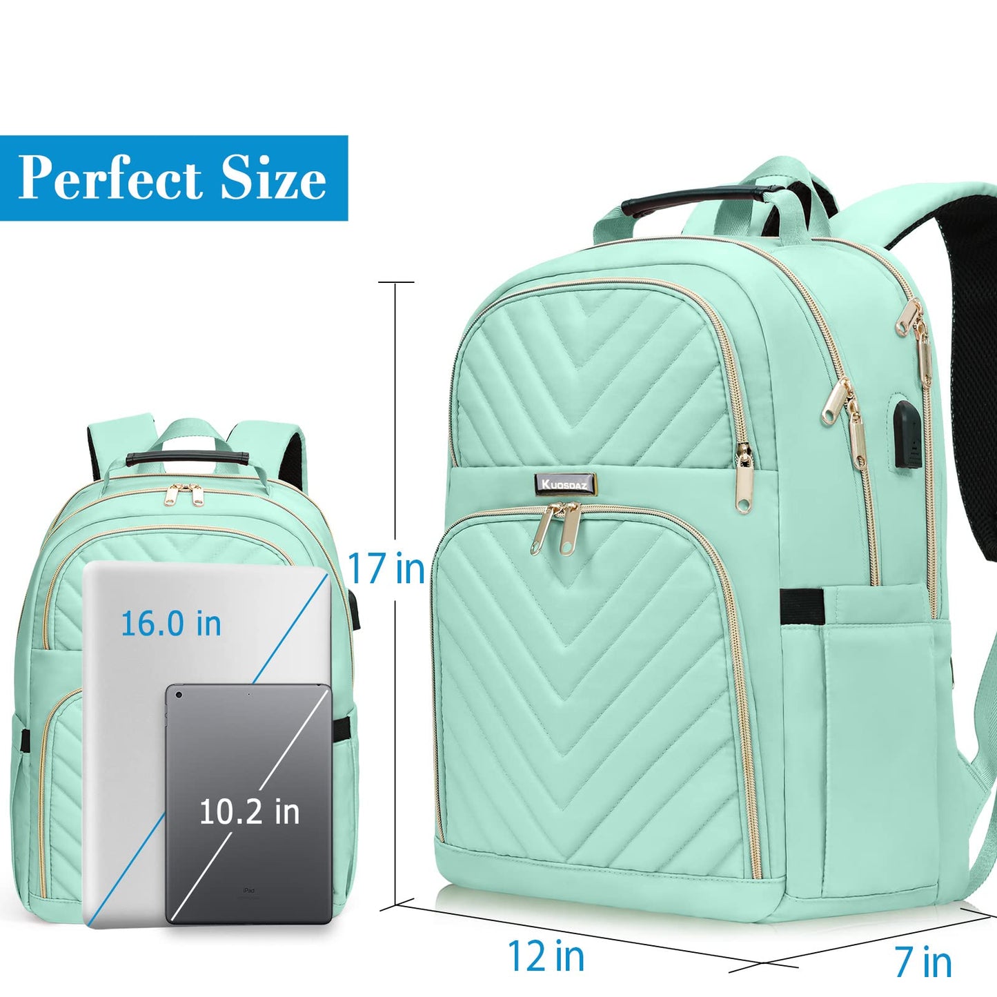 Kuosdaz Backpack Women 15.6 Inch, Large School Backpack Girls Teenager, with USB Charging Port for Laptop Work Waterproof Backpack, University, Travel, Business, Everyday, Women, School, Mint Green