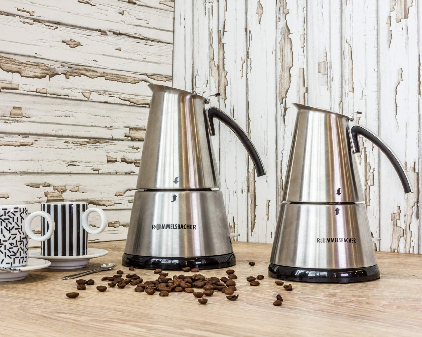 Rommelsbacher Espresso Maker EKO 366/E, electric, high quality stainless steel pot, filter insert for 3 or 6 cups, concealed heating element, 360° central base, automatic shut-off, 365 W