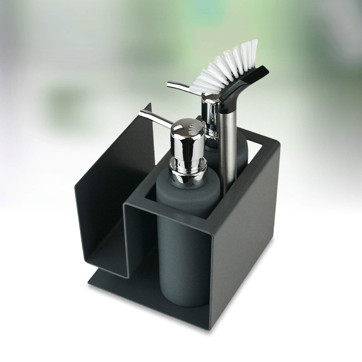 Cube sink organizer set Made in Germany: Award-winning kitchen organizer including soap dispenser & dish brush - Elegant & practical sink organizer for a tidy kitchen - Grey sink set.