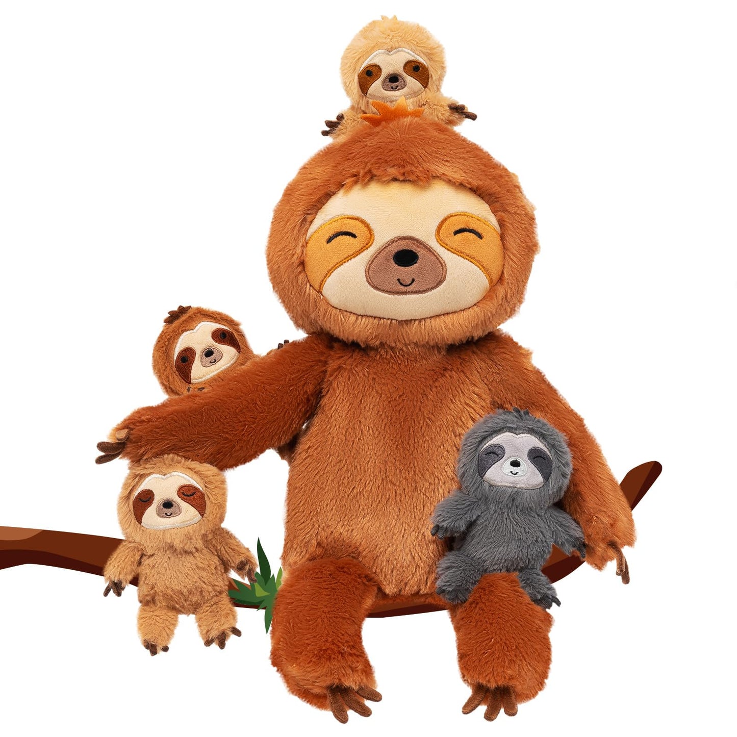 OUOZZZ 5 piece sloth plush toy set, 48cm soft sloth stuffed animal with 4 baby sloth plushies in the belly - baby birthday gift for girls boys kids