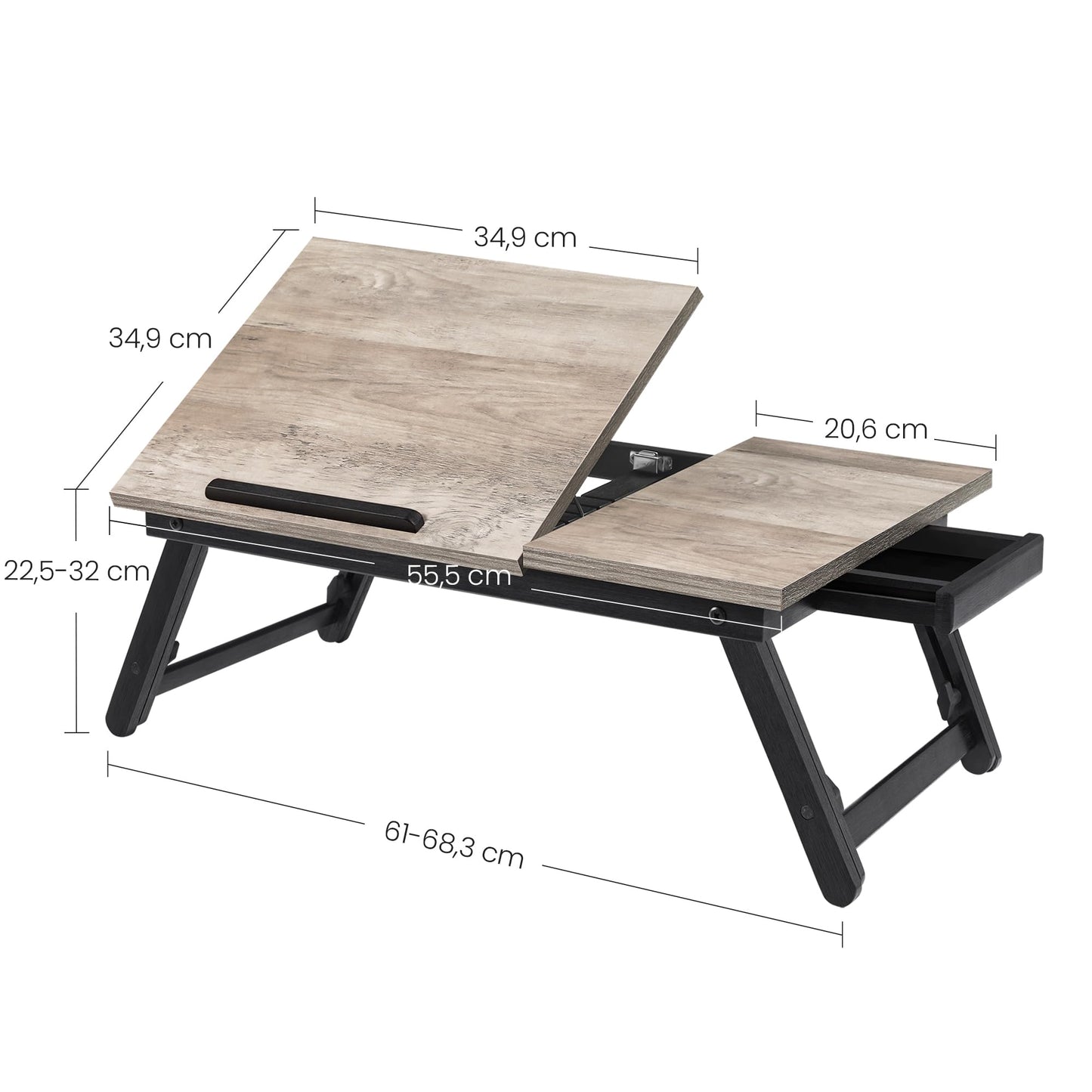 SONGMICS laptop table for bed, laptop stand, angle and height adjustable, foldable legs, for laptops up to 15.6 inches, work, read, have breakfast, bamboo legs, drawer, greige mottled LLD105W01