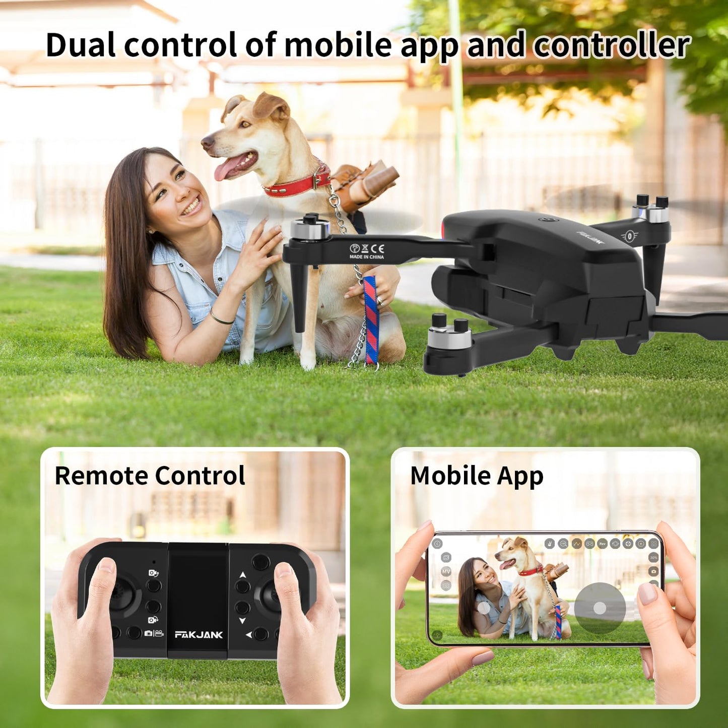 FAKJANK Drone with 1080P camera for kids, 90° adjustable lens, AIdrone FPV, brushless motor, 5GHz WiFi, 3D flip, headless mode, long flight time, beginner-friendly, black.