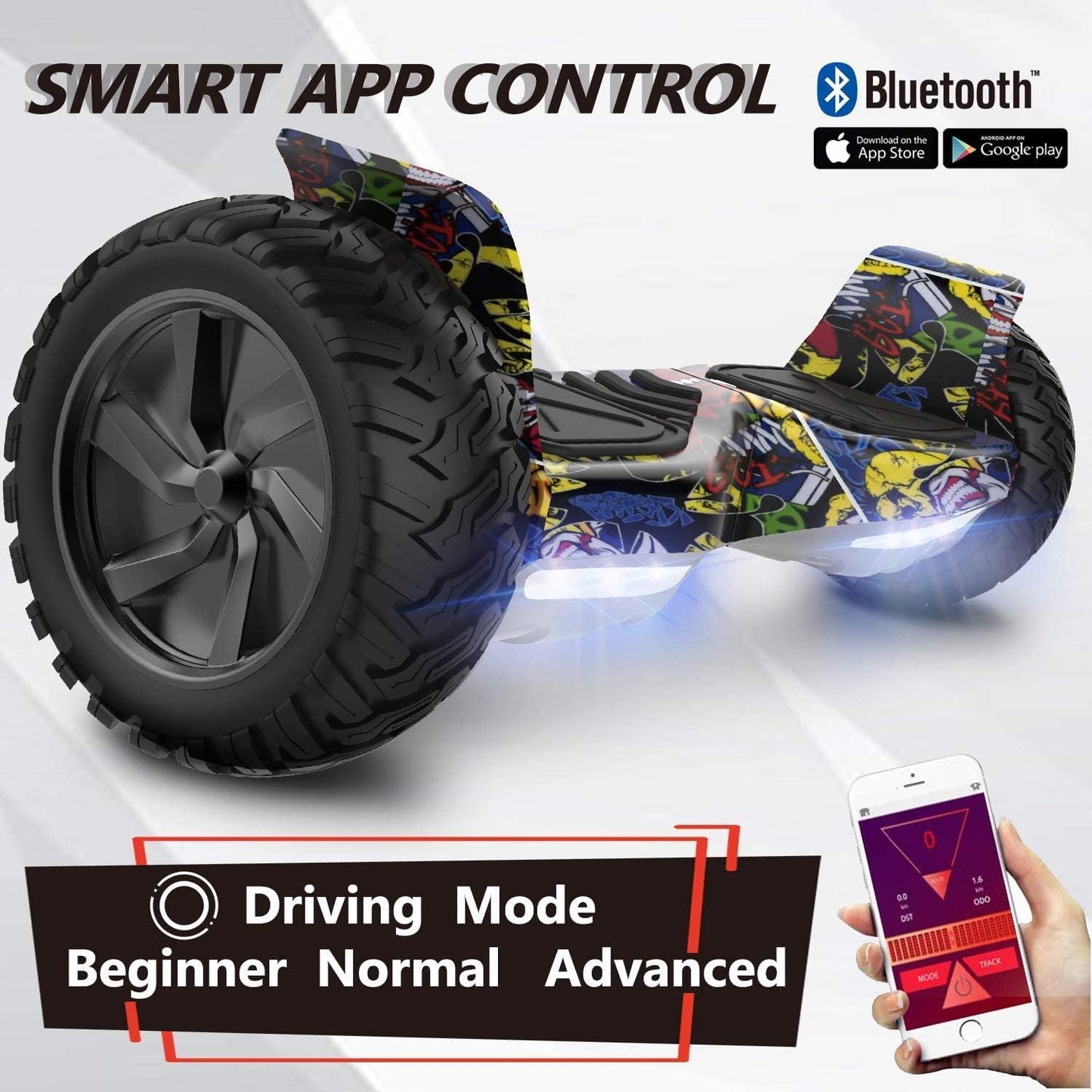 GeekMe 8.5 inch Offroad SUV Hoverboards with APP, Bluetooth Speaker, Dual Motor, LED Lights, All Terrain Hoverboards for Kids and Adults.