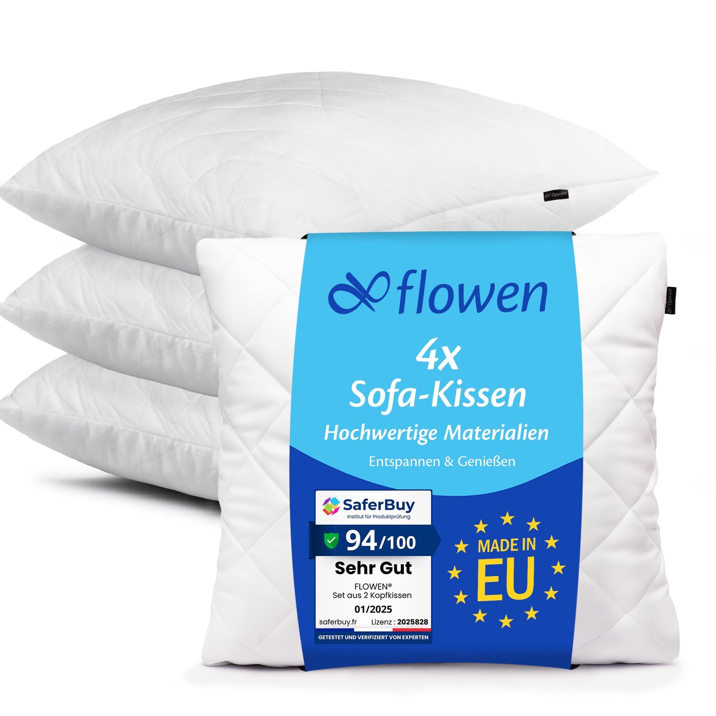 Flowing pillows 50x50 cushion 4-piece set for sofa and bed inner cushion hypoallergenic anti-dust mite pillow filling with soft quilted pillowcase removable and washable for home/hotel