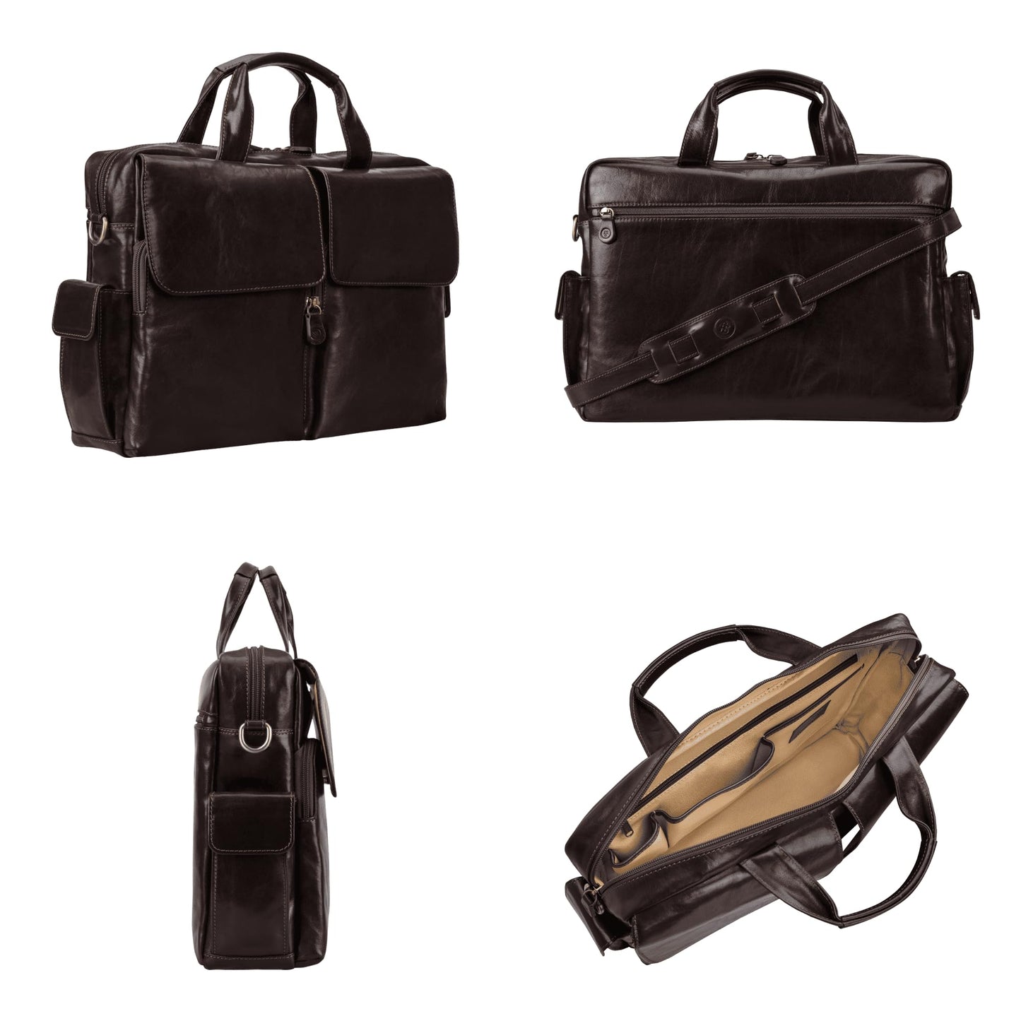 Maxwell Scott - Luxurious men's business briefcase in leather with padded shoulder strap - Handcrafted from Italian full-grain hides - The Lagaro Dark Brown