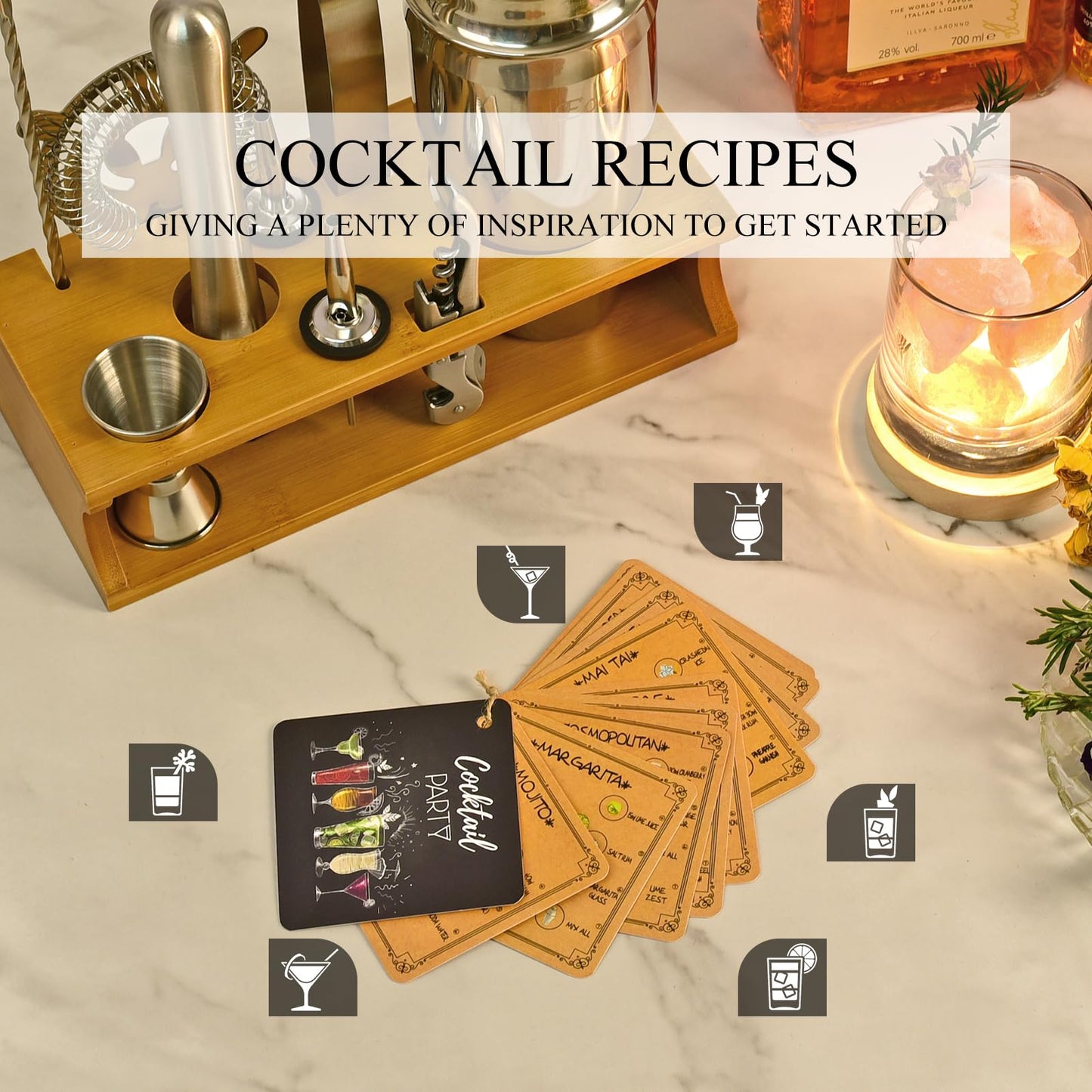 Cocktail shaker set with bamboo stand & recipe book, stainless steel 750ml bar cocktail shaker with bar accessories tools, 11 piece cocktail mix set for bartender gift women
