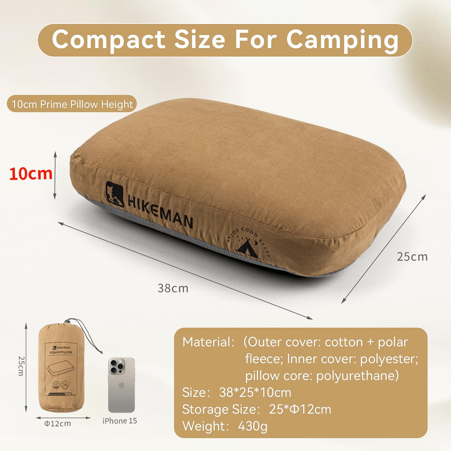 HIKEMAN camping pillow compressible travel pillow - ultralight neck pillow made of Memory Foam, beach pillow head pillow for travel, hiking, outdoor activities (Army Green)