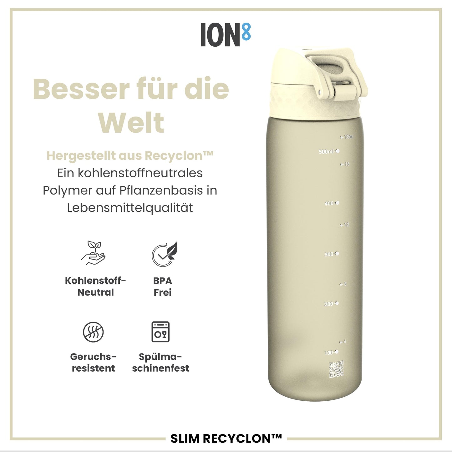 ion8 water bottle, 500ml, leak-proof, one-handed opening, secure locking, dishwasher safe, BPA-free, carrying handle, flip lid, easy to clean, climate-neutral, creamy white.