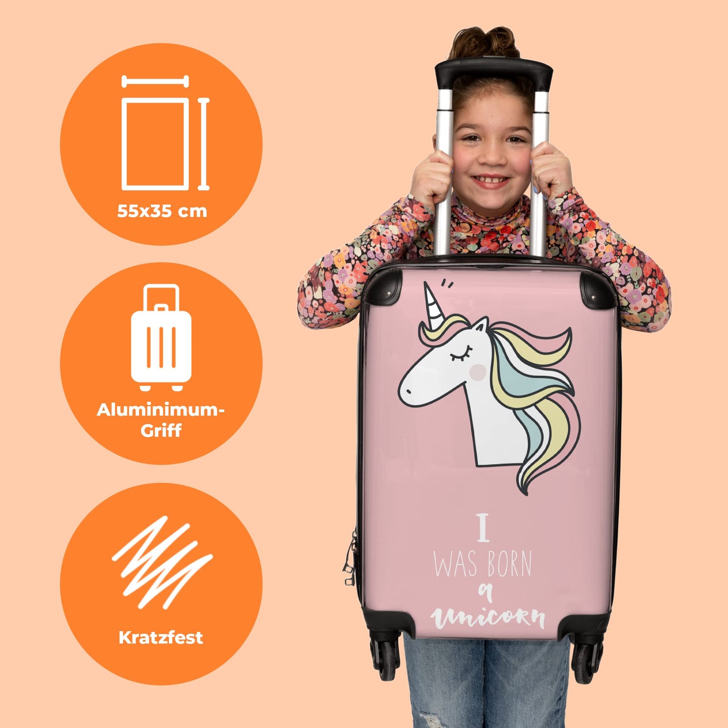 NoBoringSuitcases.com® Carry-On Suitcase for Kids - Girls' Suitcase, Travel Suitcase for Kids, Lightweight, 4 Wheels, with Unicorn Design, Combination Lock, UV-Resistant, 55cm-35cm-20cm