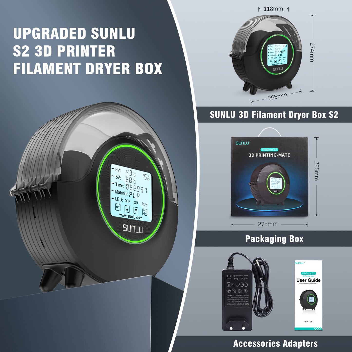 SUNLU Filament Dryer Box S2, 3D printer filament dryer keeps filament dry during printing, 360° all-round heating, compatible with PLA PETG ABS SILK PA PC, spool holder, black