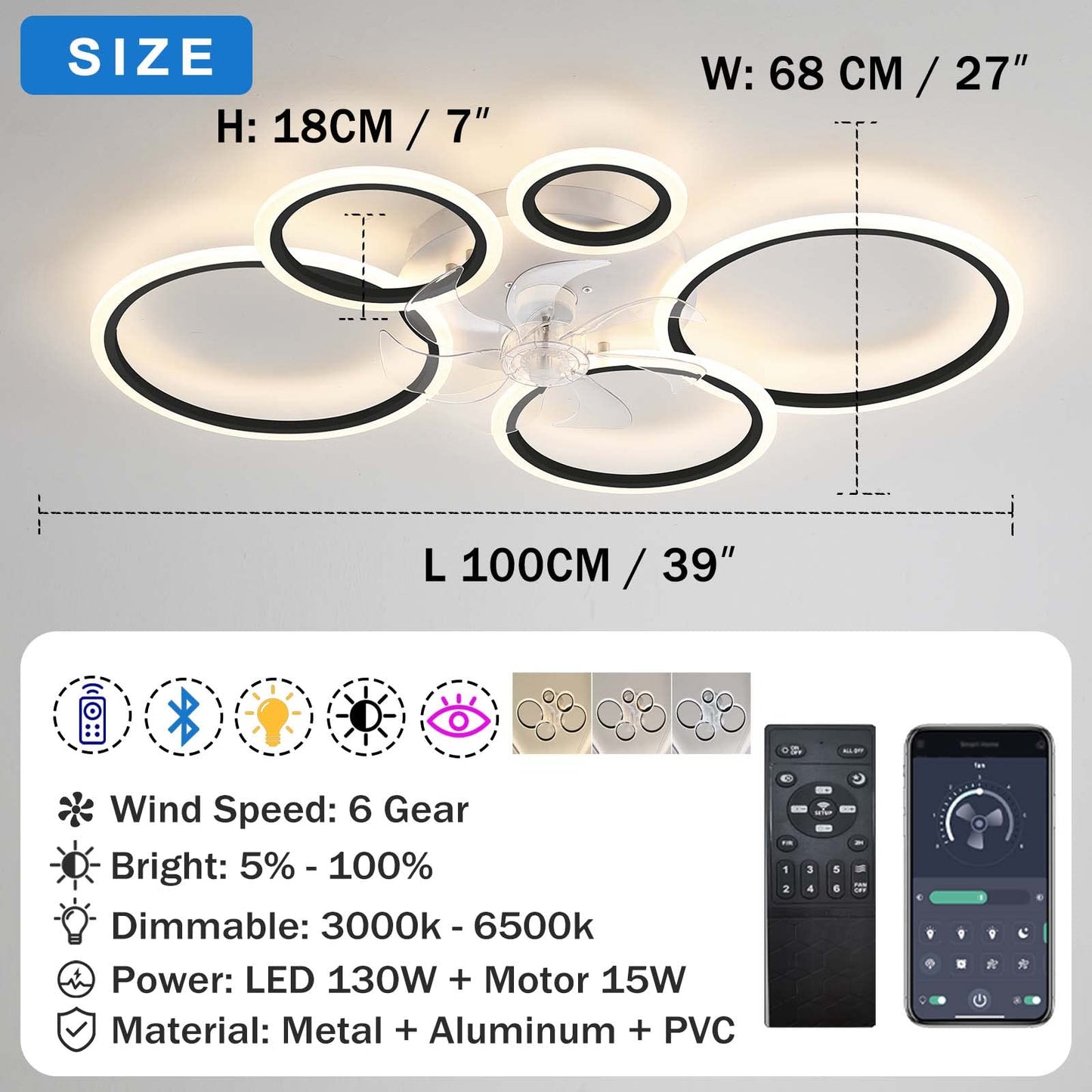YUNZI Modern Ceiling Fan with Light, LED 72W Dimmable Ceiling Fan Light, Ceiling Fan Lamp for Living Room Bedroom Kitchen, 6 Speeds, White 100cm