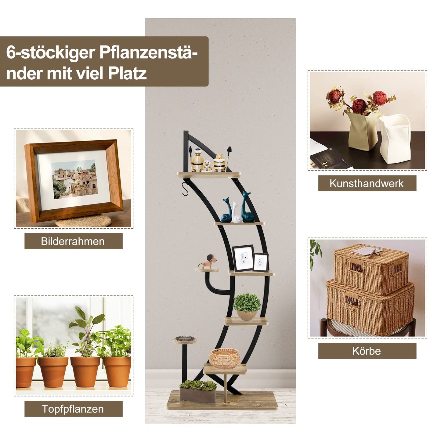 GOPLUS 6-tier Flower Stand Metal, half-moon Plant Stand with Shelves & Hooks, Plant Rack Flower Shelf Flower Stairs Plant Stairs for Living Room, Bedroom, Balcony (Brown, 2)