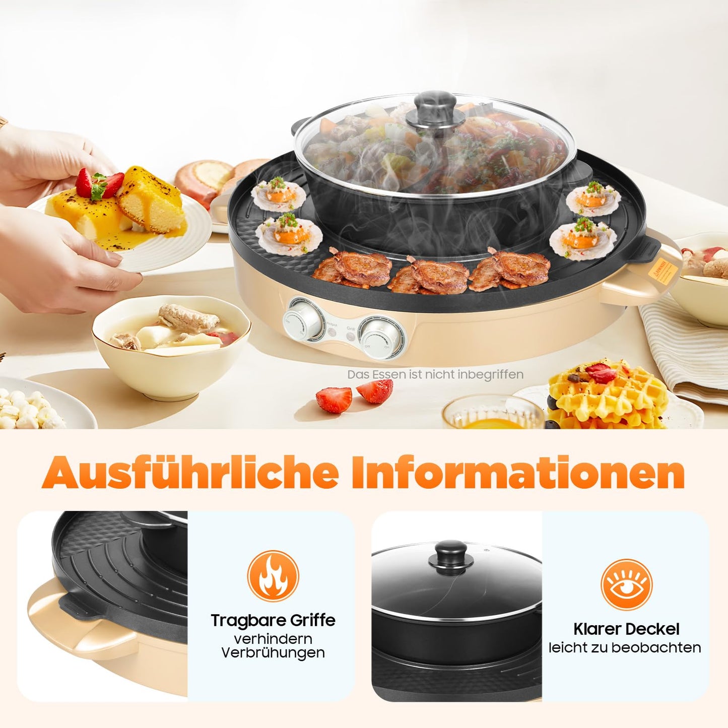 Charocean 2000W Hot Pot Electric Hotpot Pot 220V Electric Grill 2 in 1 Multifunction Electric Grill Hot pot with Removable Cooking Plate, Electric Hot Pots for Dorm Home (Gold)