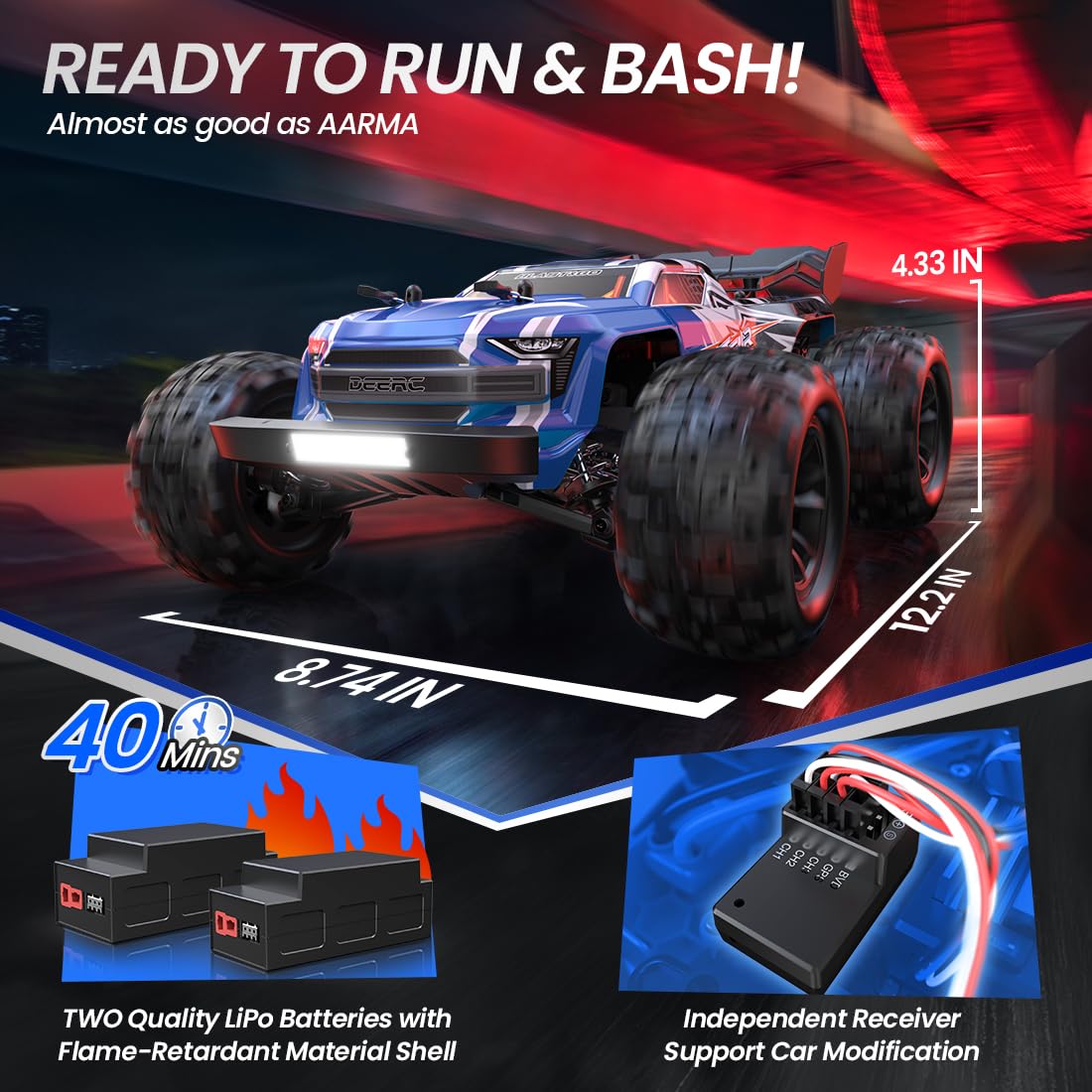 DEERC H16E Remote Control Car 1:16 Brushless Motor 70 km/h, 4WD High-Speed Racing Car with 2 Batteries for 40 Min Runtime, 2.4GHz RC Car for Adults and Kids