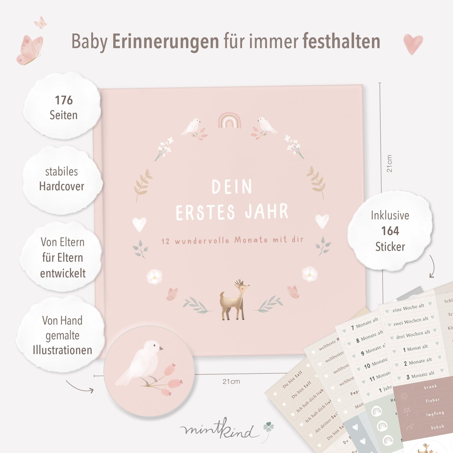 mintkind® Baby Album "My First Year" Flower + Sticker Set | Baby Photo Album for Personalization | Baby Gift for Girl and Boy | Baby Book for Memories | Baby Journal from 0 Months