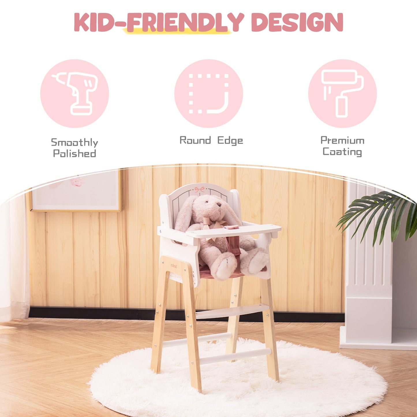 ROBUD wooden doll high chair - doll furniture for 18~20 inch dolls - Pink