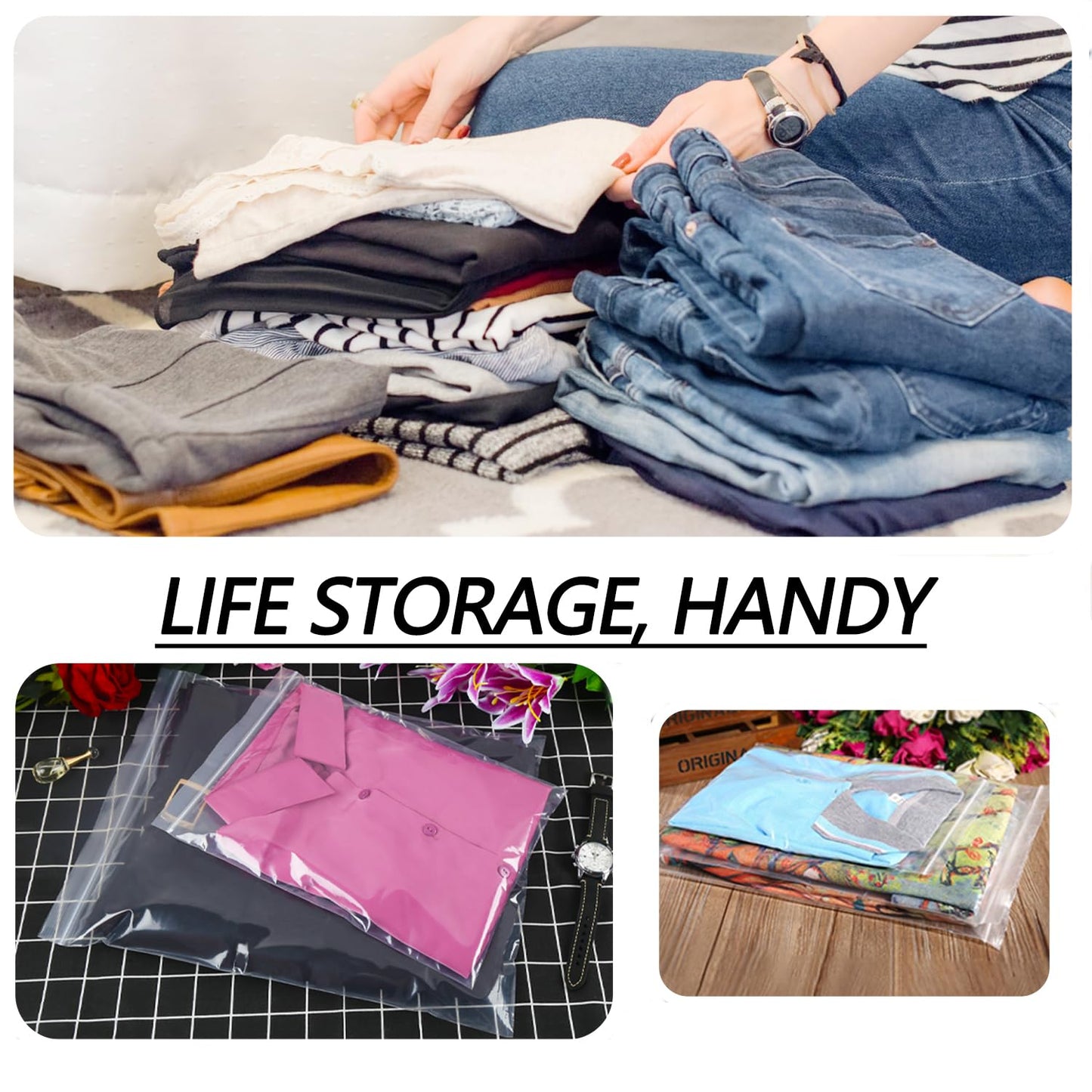 100 pieces of zipper bags 350mmX450mm resealable 160μm waterproof plastic bags with zip lock closure. Can hold clothing, shoes, scarves, and gloves.