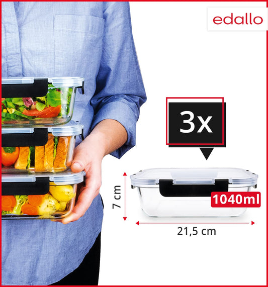 edallo - 3 large premium glass food storage containers with strong leak-proof lids. Dishwasher, oven, freezer, and microwave safe. Meal prep containers. Set: 3x1 liter.
