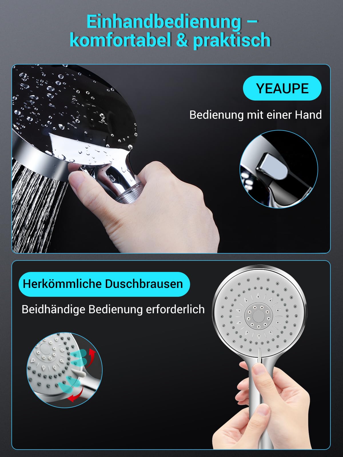 1.8m hose showerhead, YEAUPE showerhead with filter, 6 spray modes, large water-saving showerhead, hand showerhead with anti-calc function for hard water, chrome