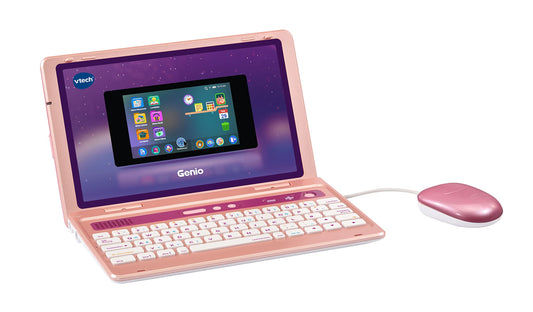 Vtech Genio Learning Laptop in pink - a learning computer with internet access, text program, and educational content on letters, words, math, logic, and more - for children aged 5-12 years.