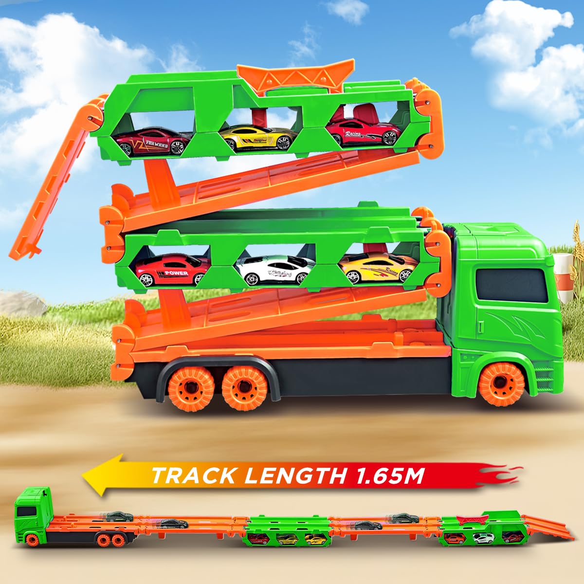 VATOS Transport Truck Toy Cars for boys aged 3, 4, 5, 6 years old, portable race track truck toy car with 6 race cars, transporter vehicle toy set for kids.
