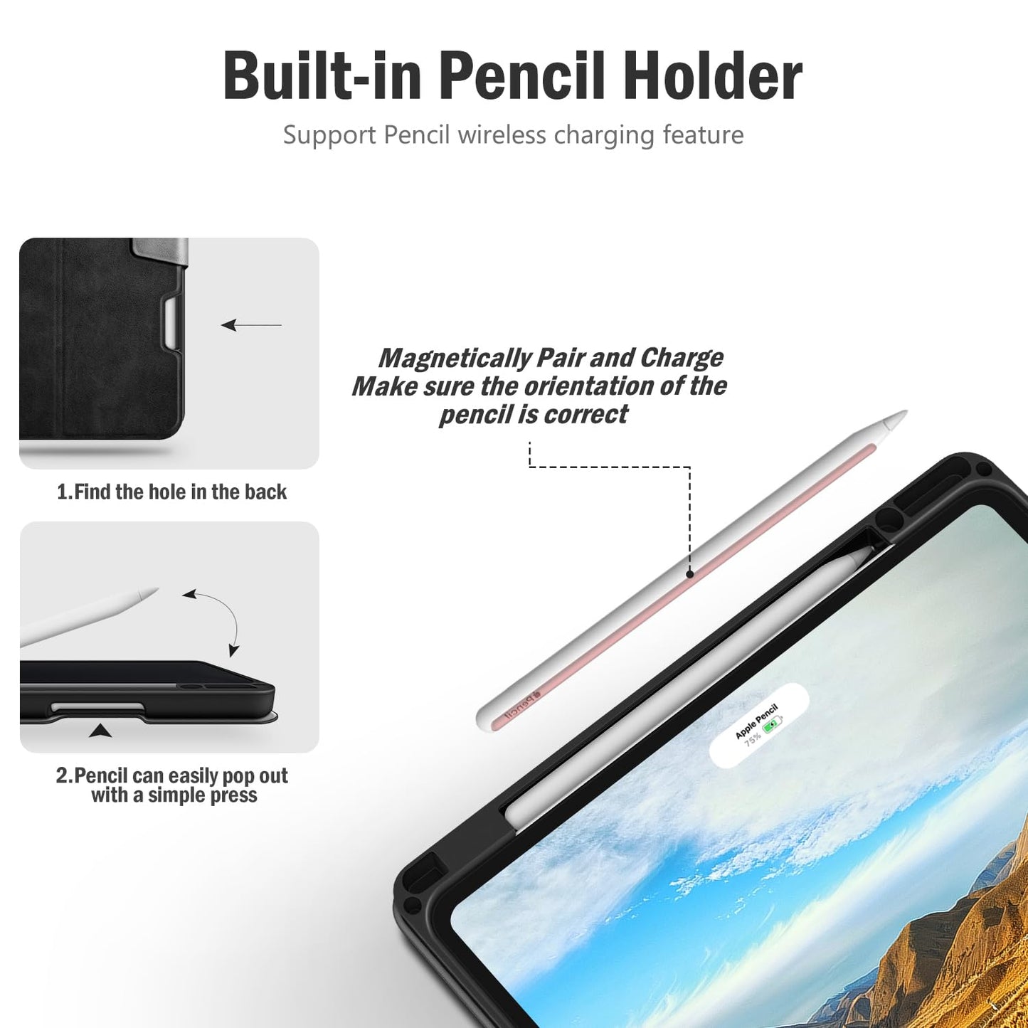 Antbox case for iPad Pro 13 inch case M4 2024 with pen holder Pencil holder Auto sleep/wake function PU leather case protective cover (black)