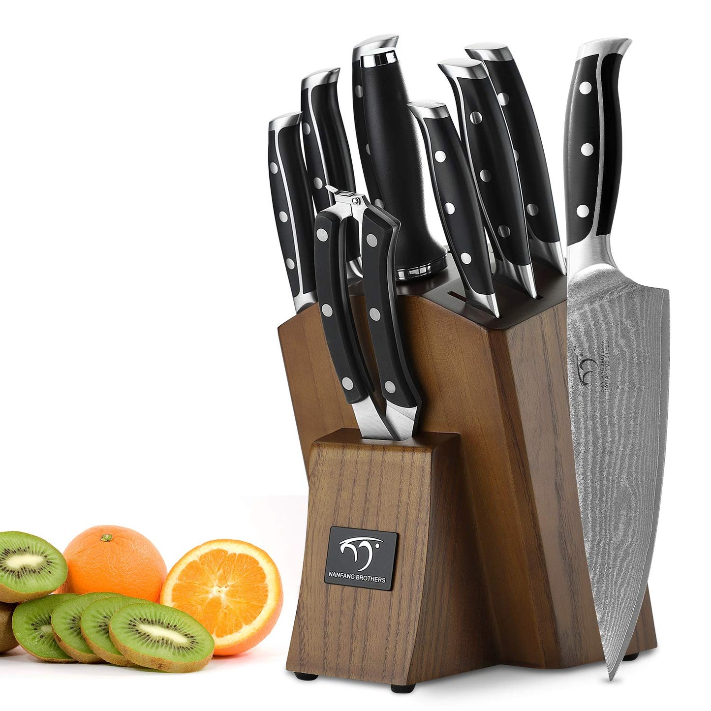 9-piece kitchen knife set sharpening for chef knife set with block, Damascus professional knife stainless steel steak knives with wooden handle kitchen knife sharpener and scissors by NanFang Brothers