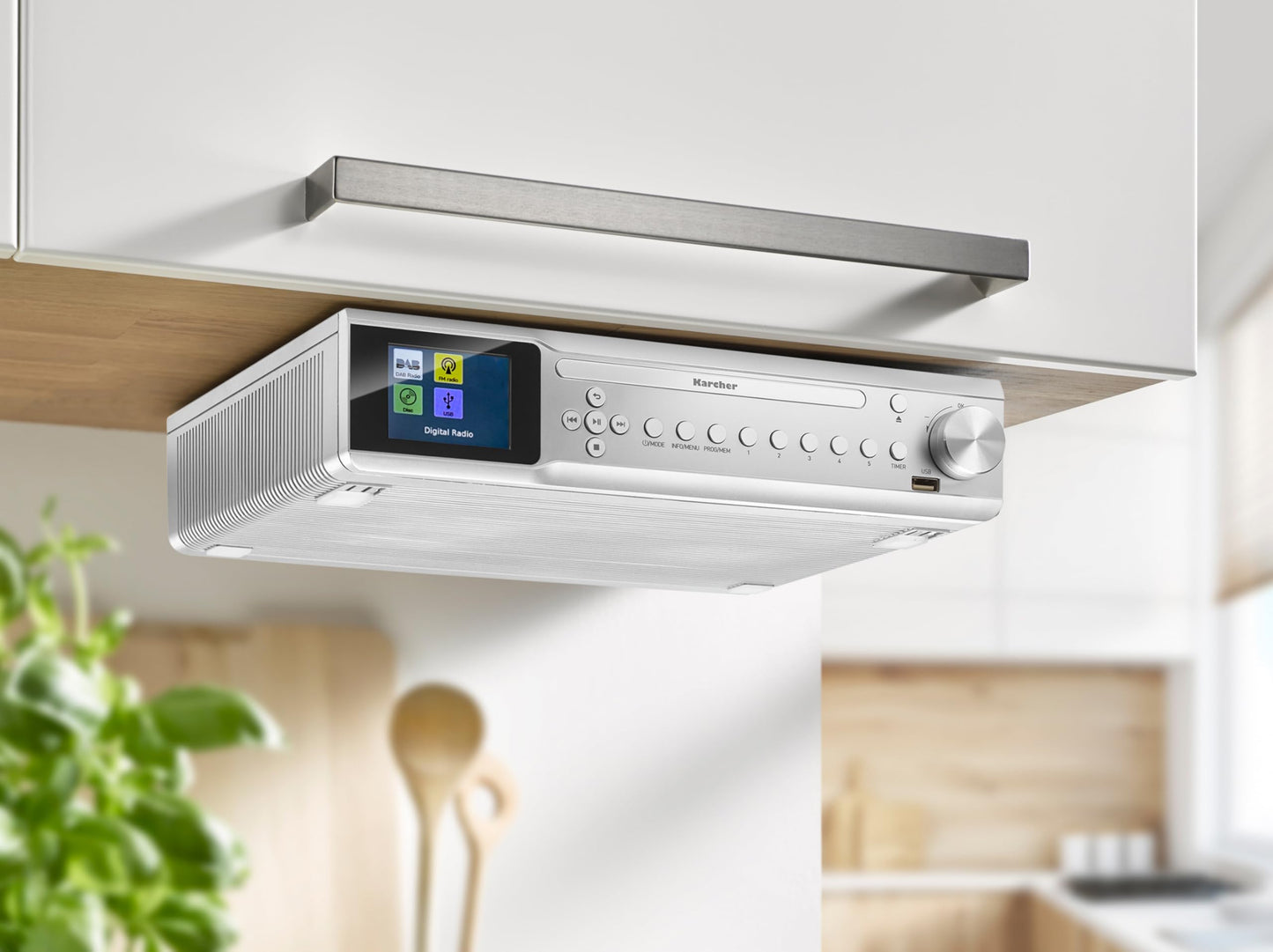 Karcher RA 2060D-S - Under-cabinet kitchen radio with CD player, DAB+ / FM radio, under cabinet radio with Bluetooth, digital radio with alarm clock, color display, USB connection, 30 station presets, and remote control included.