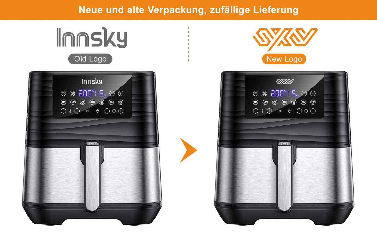 Innsky hot air fryer 5.5L XXL, 1700W hot air fryer with digital LED touchscreen and 7 programs, preheat & keep warm & defrost, air fryer without oil with recipe book in German.