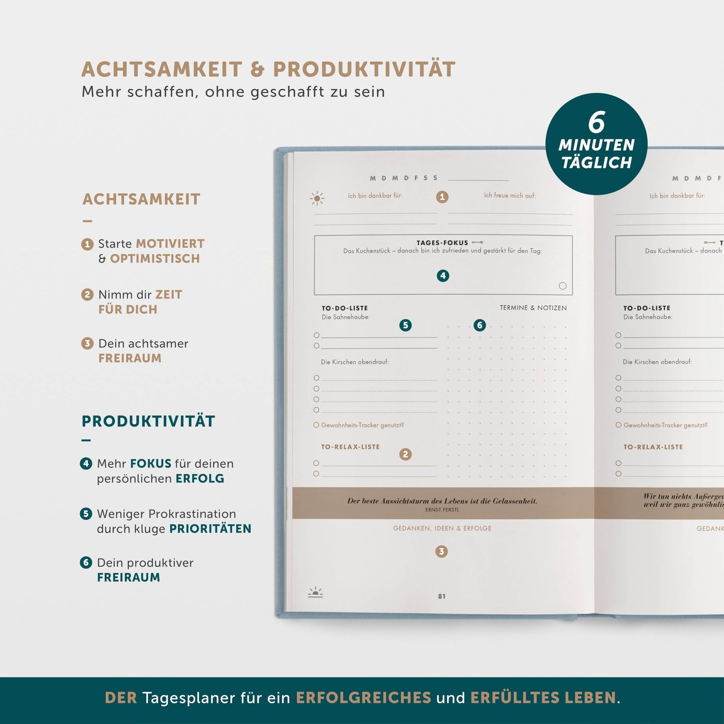 6-Minute Diary Success Journal - The #1 daily planner for more motivation & success - Undated journal book - Achieve goals more calmly & focused with journaling.