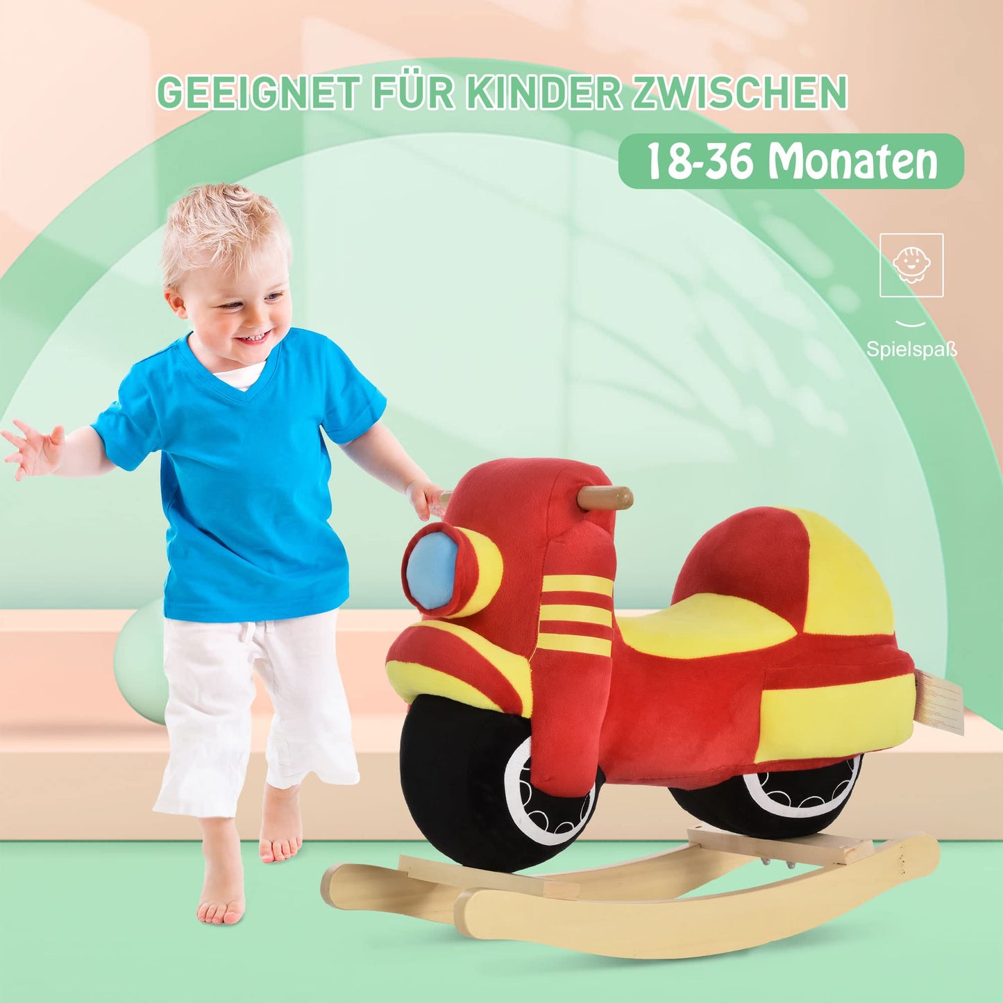 HOMCOM Kids Rocking Horse Baby Rocking Animal Motorcycle with Motorcycle Sound, Rocking Toy Handles for 18-36 Months Plush Red+Yellow 60x25.5x48 cm