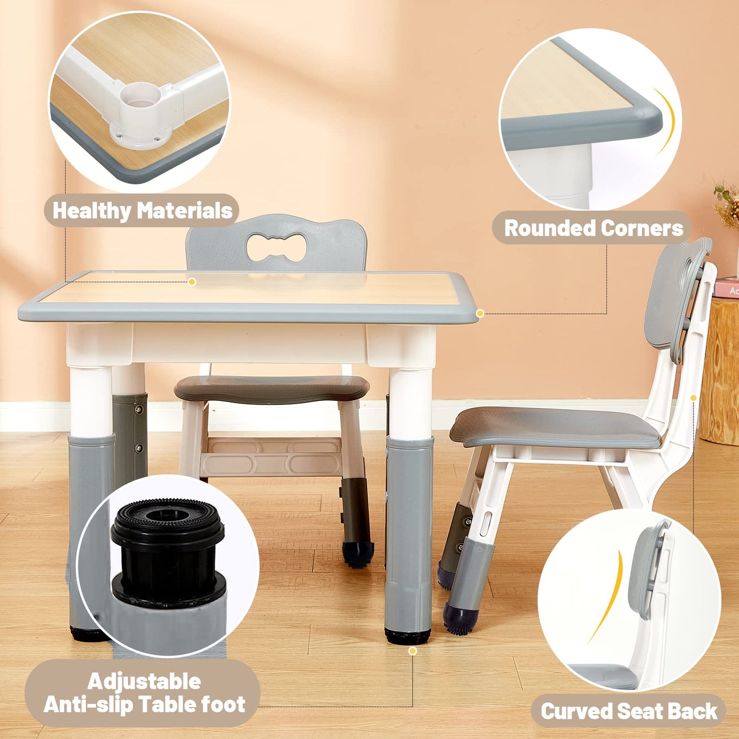 FUNLIO Kids Room Table & Chair Set, adjustable height for children aged 3-8, easy-to-clean art table, for classrooms/daycares/homes, CPC certified (3 pieces) - gray