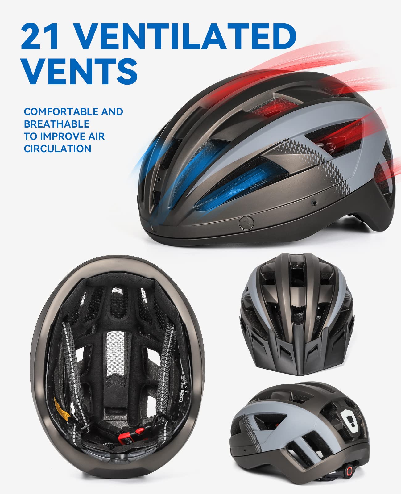 FUNWICT Bike Helmet with Visor for Men Women, Lightweight Bike Helmet with Magnetic Glasses and USB Charging LED Light, Stylish Mountain Bike Helmet Size M/L, White Black (XL: 59-63 cm, Titan Gray)