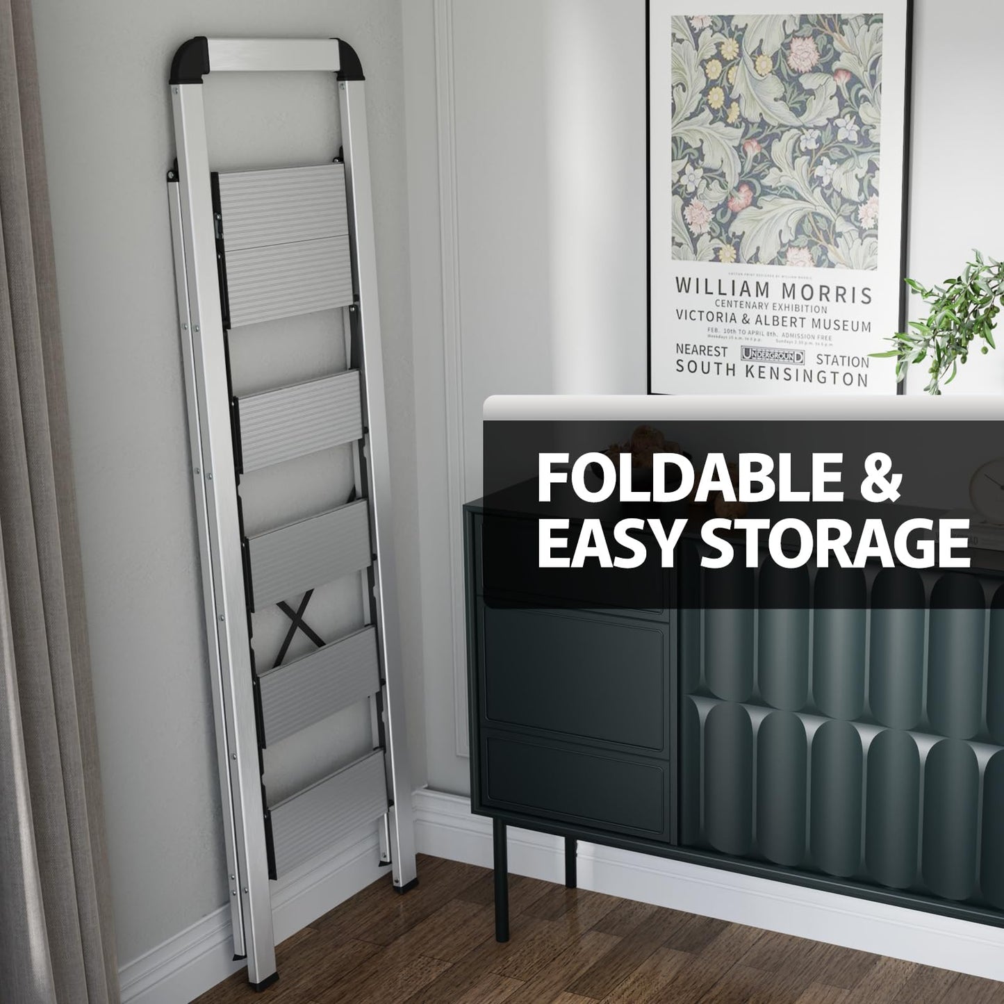 KINGRACK Folding Step Ladder, 5 Steps, with Handrail, Non-Slip Household Ladder, Locking Mechanism, Aluminum Step Stool, Max Load 150 kg.