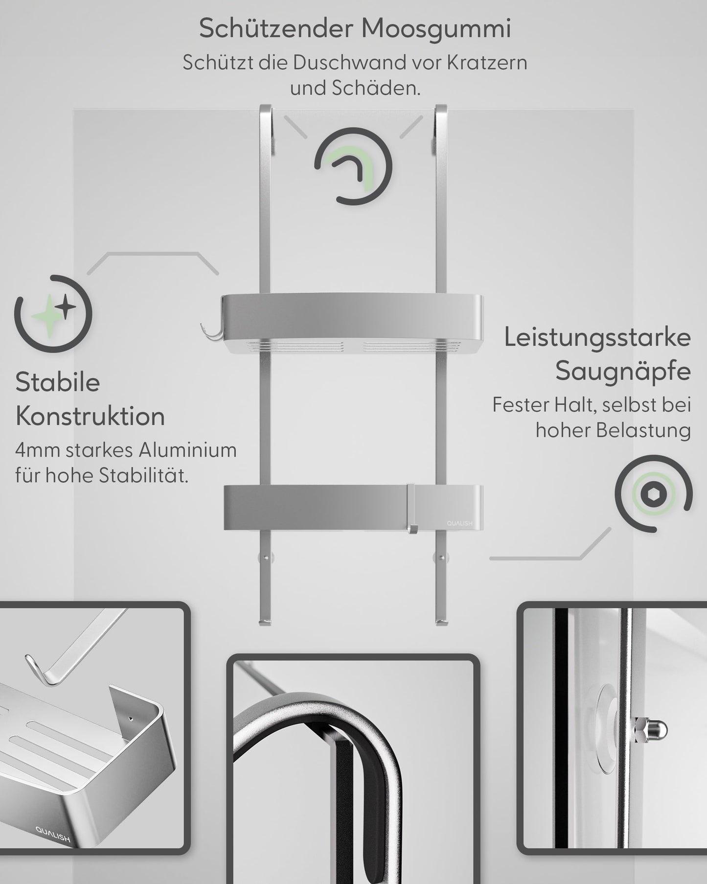 QUALISH® hanging shower caddy - shower shelf to hang on the shower wall - hanging shower basket with glass protection and additional hooks - hanging shower caddy without drilling - silver metallic