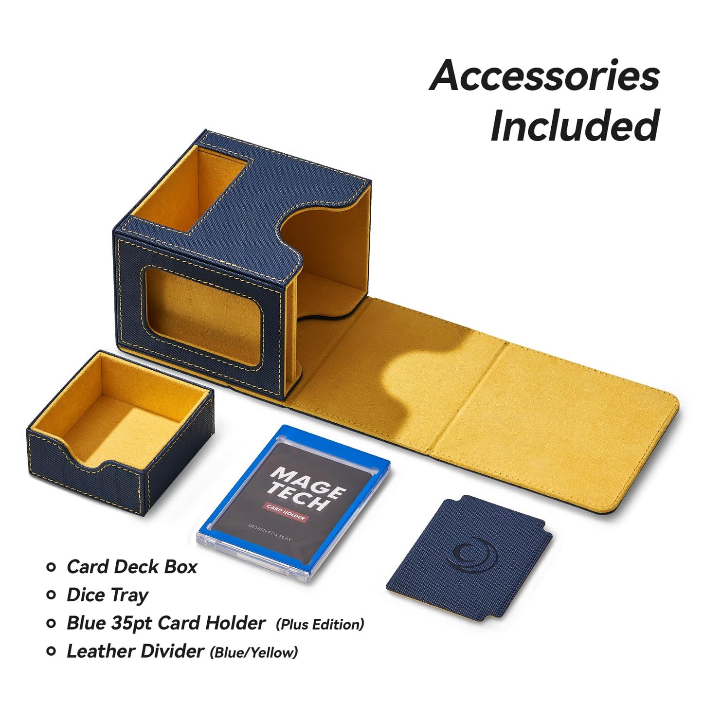 Mage Tech Commander Deckbox for MTG - Patented design, Commander display, fits 100 double sleeved cards, 35pt magnetic card holder & dice tray - Blue/Yellow