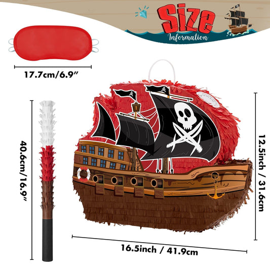WERNNSAI Pirate Piñata - Pirate ship piñata with blindfold and bat for boys and kids Caribbean pirate party gifts for birthdays decorations family games pirate party supplies