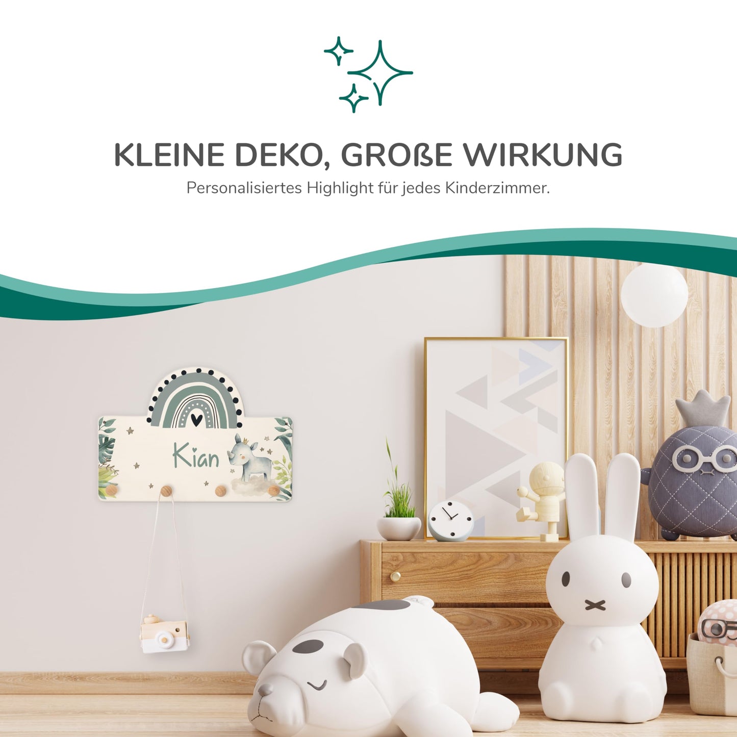 KIDSMOOD personalized wall coat rack with custom name, wooden hooks with cute animal design for nursery, unique coat rack for children's room.