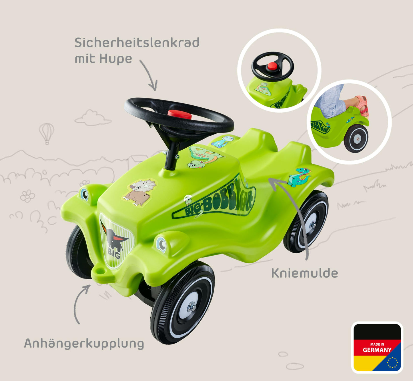 Big Bobby Car Classic Dino - Slide car for ages 1 and up in colorful dino design with black safety steering wheel and horn, for children from 12 months (up to 50 kg), green with stickers