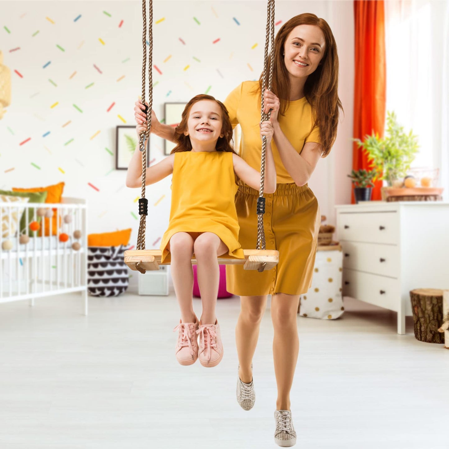 EXTFANS Wooden Swing Outdoor/Indoor | Stable family corner up to 160kg with adjustable ropes | Safe swing seat for kids & adults (40x16x3cm) | For garden, patio, balcony
