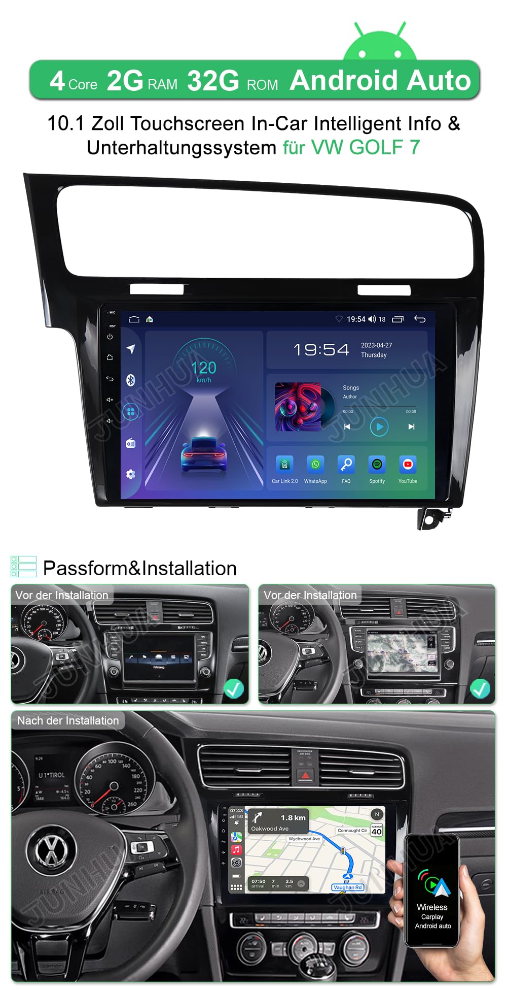 JUNHUA Android 12 car stereo GPS navigation for VW Golf 7 MK7, with 2GB RAM+32GB ROM, 10.1" display, 1280x800 resolution. Supports Wireless Carplay, Android Auto, WiFi, Bluetooth 5.1.