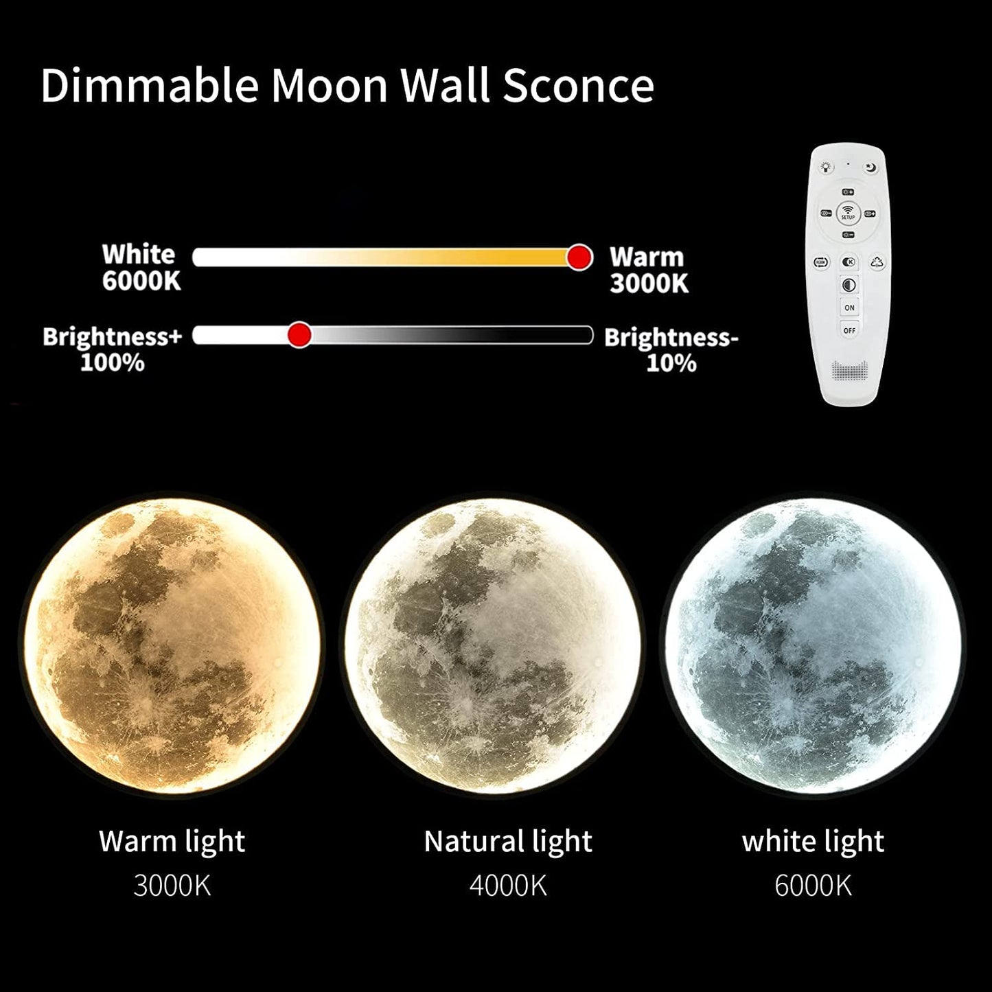18W LED wall light for kids room with switch and plug, 3D moon wall lamp dimmable bedside lamp with cable night light with remote control bedroom wall lighting for interior decoration light