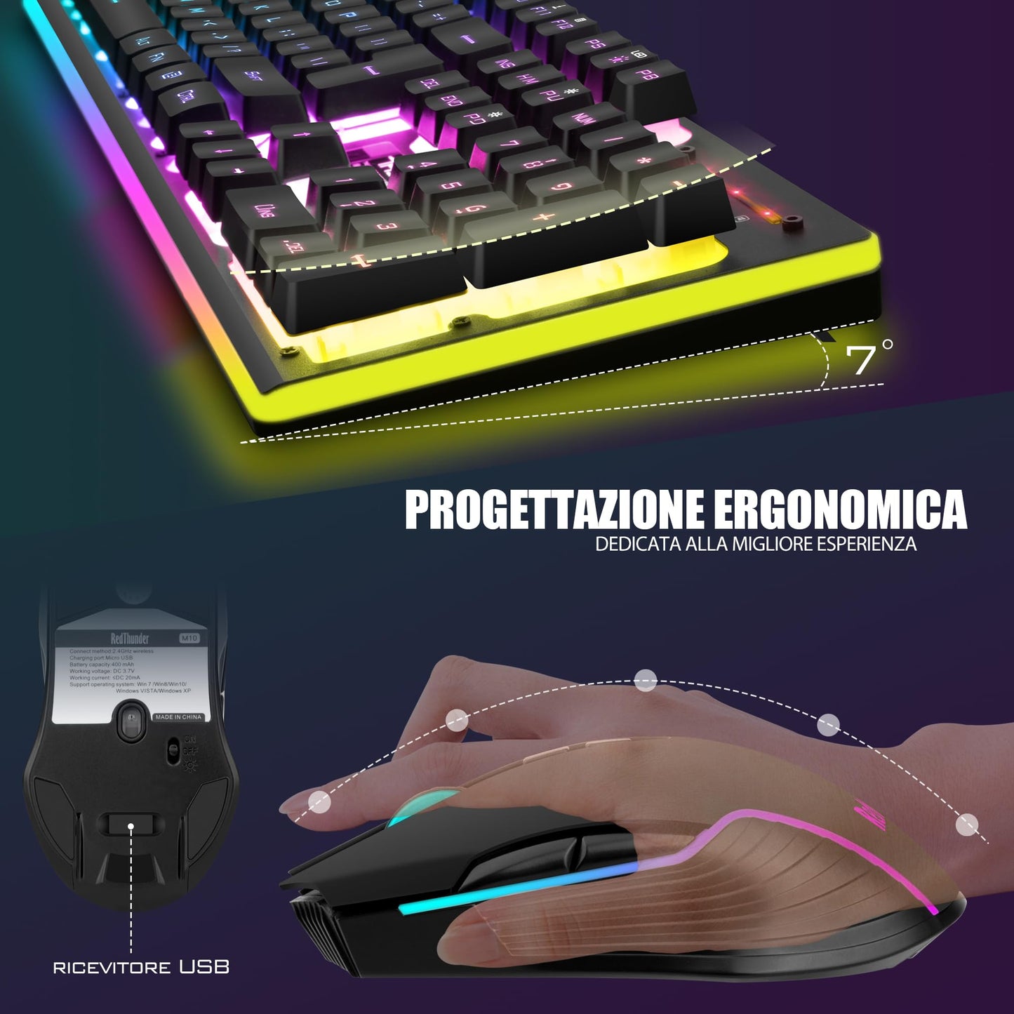 RedThunder K10 Wireless Gaming Keyboard and Mouse, LED backlighting, rechargeable 3800 mAh battery, mechanical feel, Anti-Ghosting + 7D 3200 DPI mouse, QWERTY layout, PC gamer