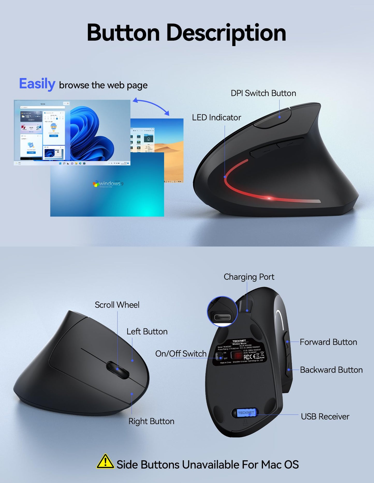 TECKNET Rechargeable Ergonomic Wireless Mouse, 2.4G Optical Vertical Mouse, 5 Adjustable Levels up to 4800DPI, Quiet Wireless Vertical Mouse with 6 Buttons for Laptop, PC, Windows, Mac OS